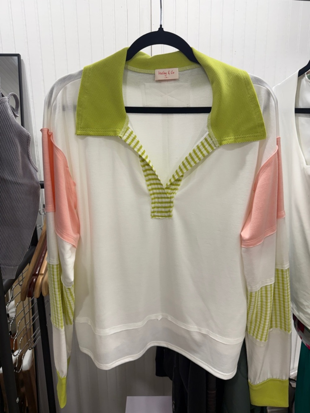 Haley & Co. Women's White Long Sleeve Polo Top with Lime Collar and Pink Accents